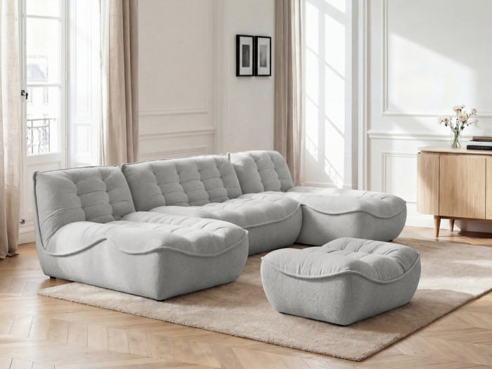 Canapé panoramique fixe modulable SERENA tissu chiné avec pouf
