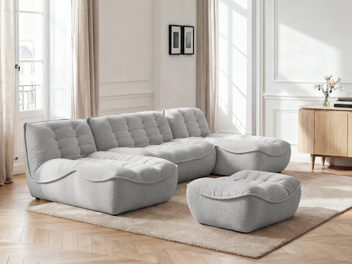 Canapé panoramique modulable SERENA chiné avec pouf gris clair