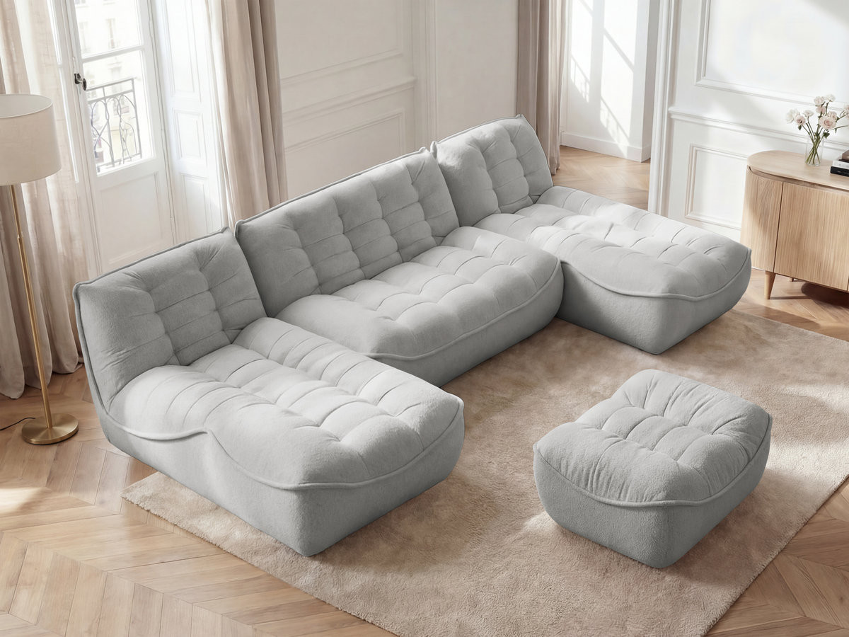 Canapé panoramique modulable SERENA chiné avec pouf gris clair — vue 5