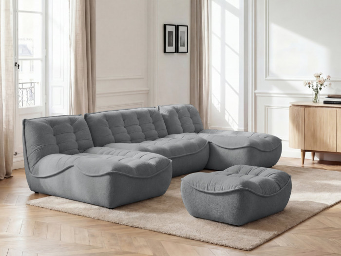 Canapé panoramique fixe modulable SERENA tissu chiné avec pouf