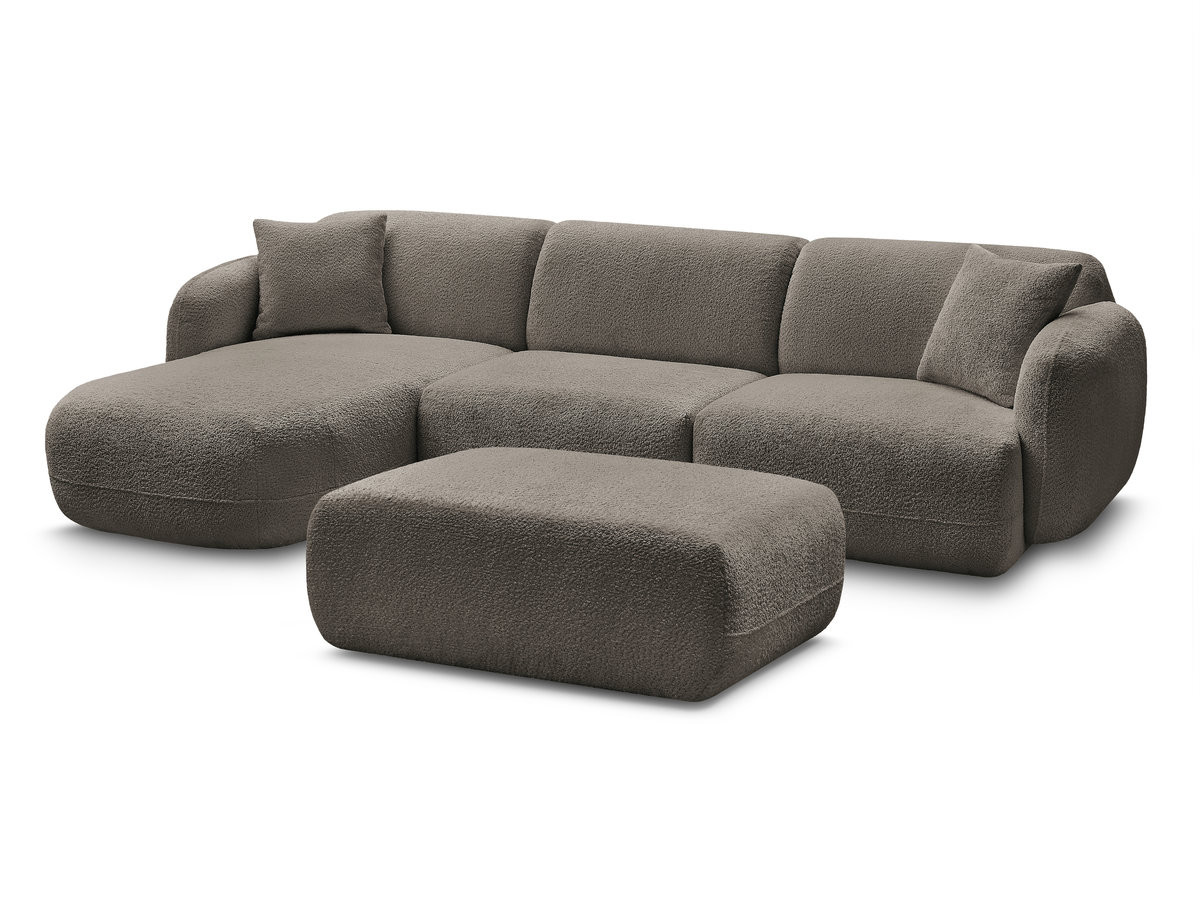 canapé d'angle fixe modulable anda tissu chenille avec pouf de couleur taupe