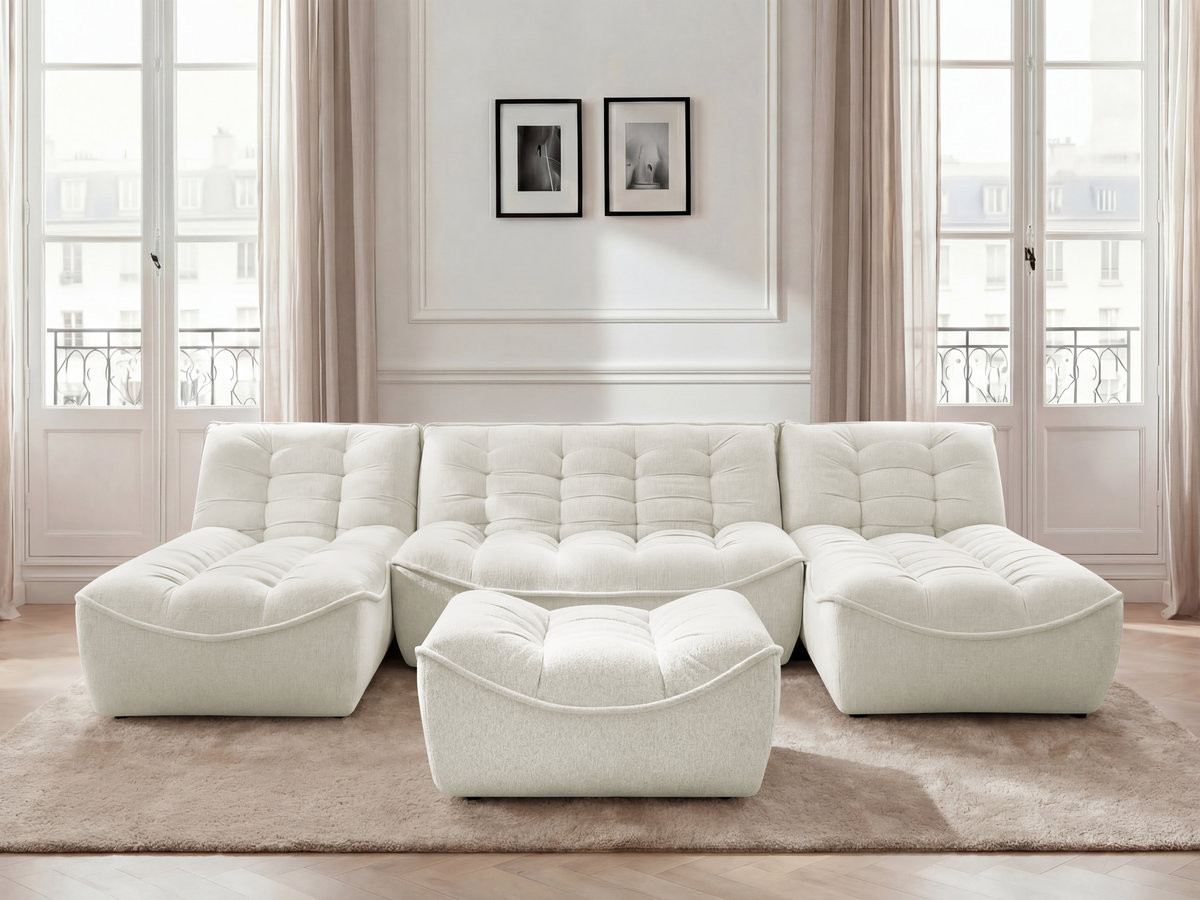 Canapé panoramique fixe modulable SERENA tissu chiné avec pouf