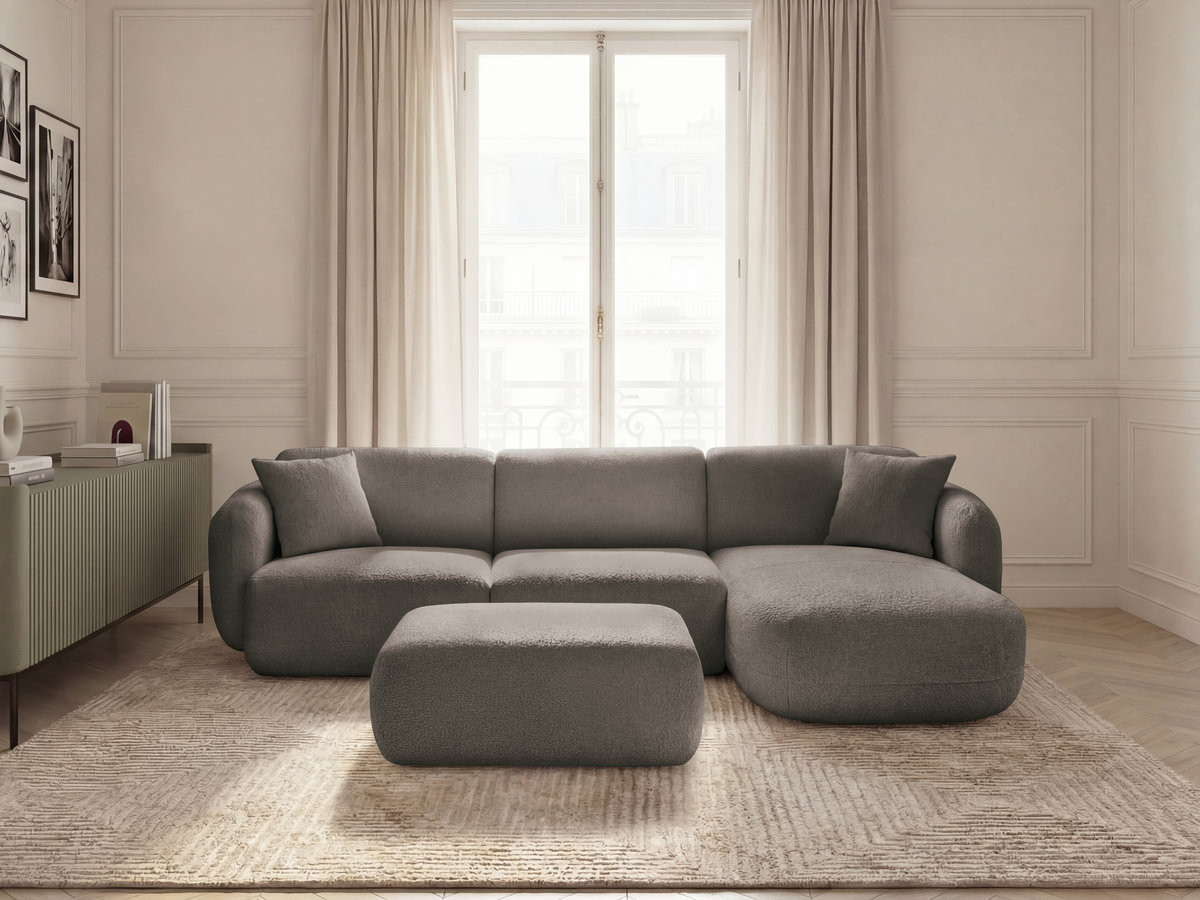 Canapé d'angle fixe modulable ANDA tissu chenille avec pouf