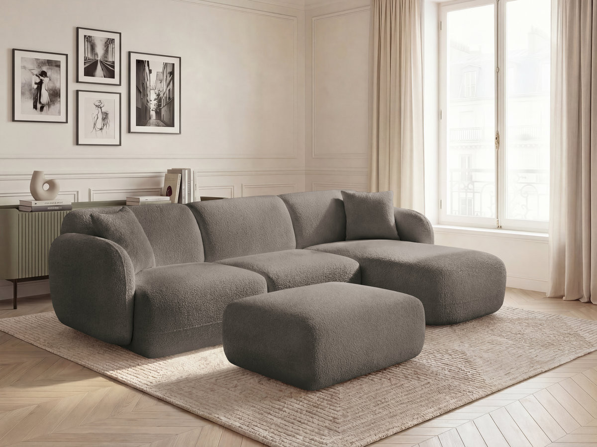 Canapé d'angle fixe modulable ANDA tissu chenille avec pouf taupe angle droit BOBOCHIC 3 places