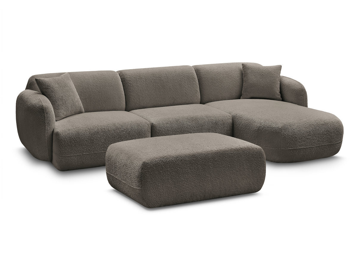 canapé d'angle fixe modulable anda tissu chenille avec pouf de couleur taupe