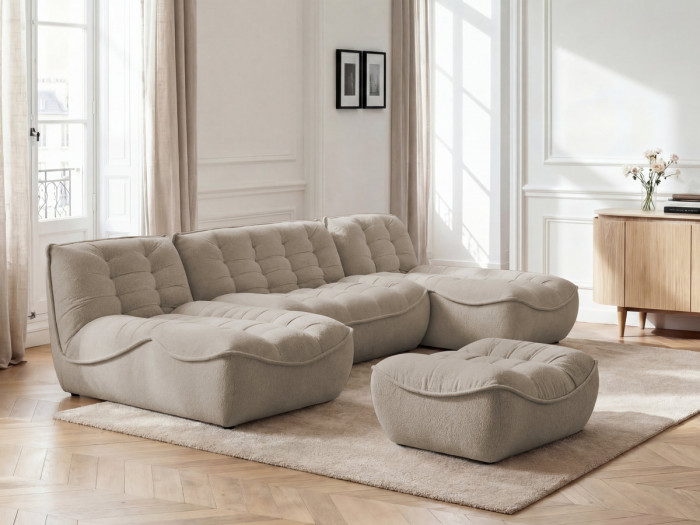 Canapé panoramique fixe modulable SERENA tissu chiné avec pouf