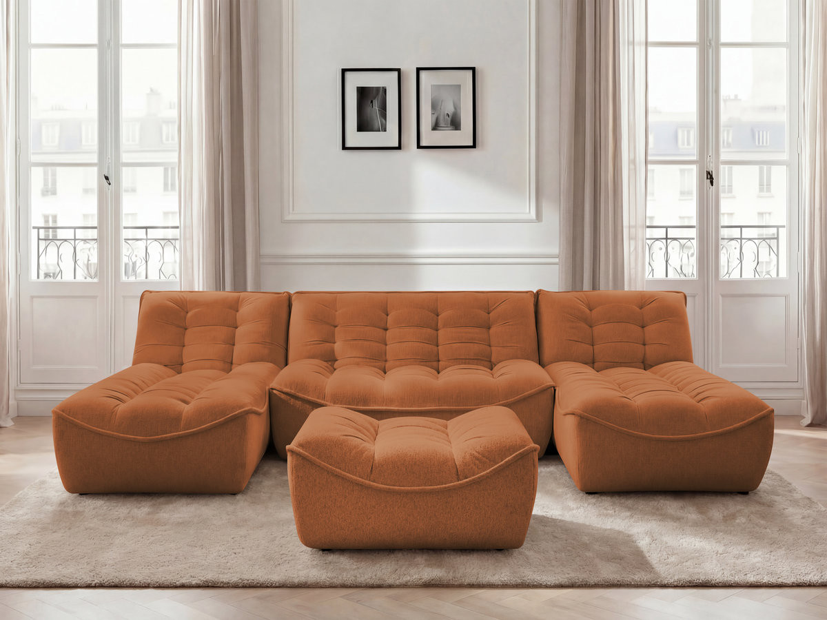 Canapé panoramique modulable SERENA chiné avec pouf orange — vue 4