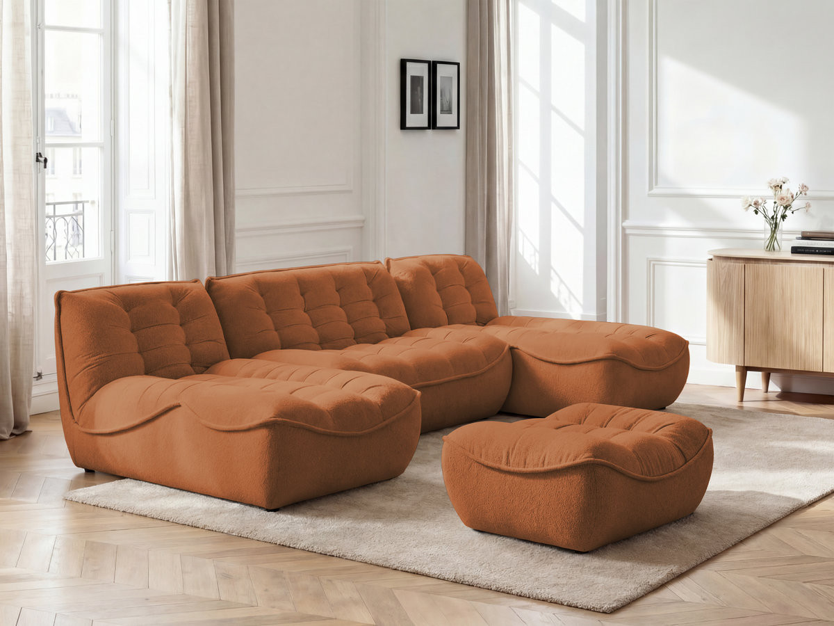 Canapé panoramique modulable SERENA chiné avec pouf orange