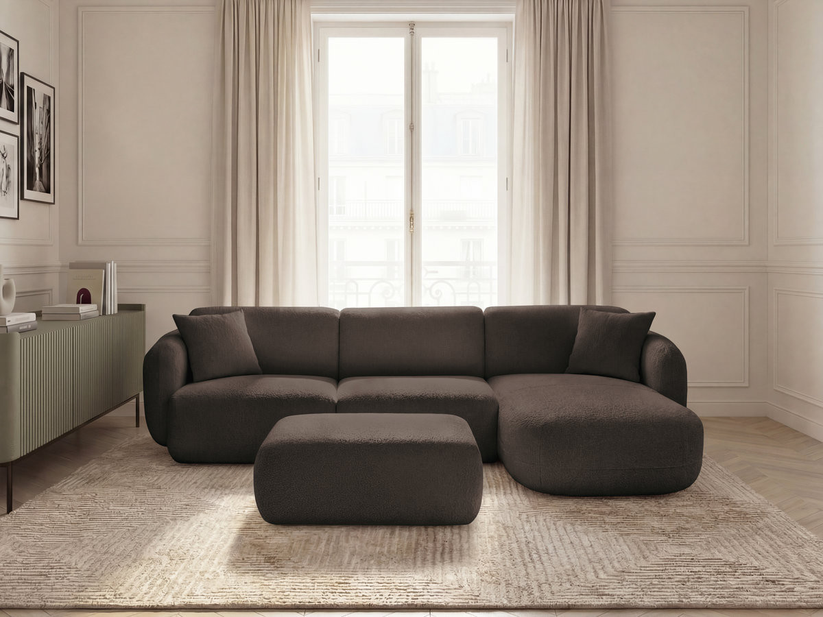 Canapé d'angle fixe modulable ANDA tissu chenille avec pouf