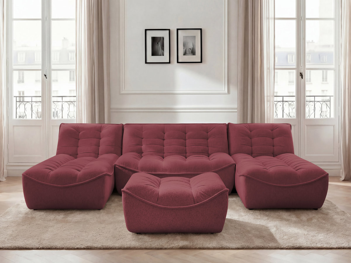 Canapé panoramique fixe modulable SERENA tissu chiné avec pouf