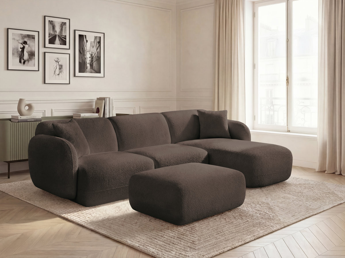 Canapé d'angle fixe modulable ANDA tissu chenille avec pouf