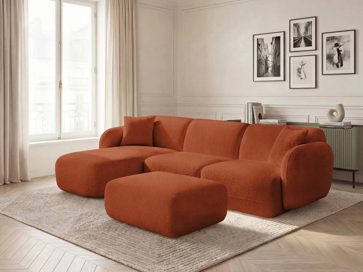 Canapé d'angle modulable ANDA chenille avec pouf orange
