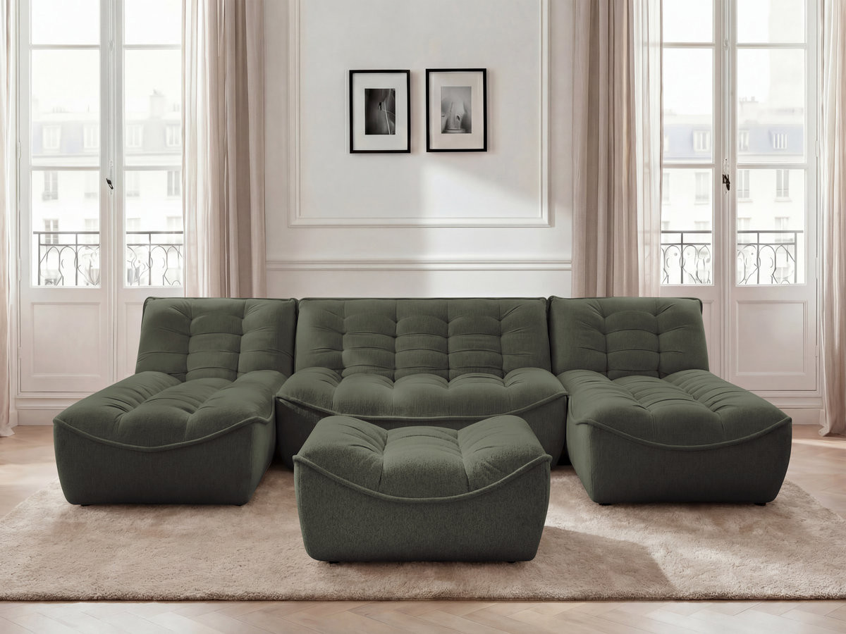 Canapé panoramique fixe modulable SERENA tissu chiné avec pouf