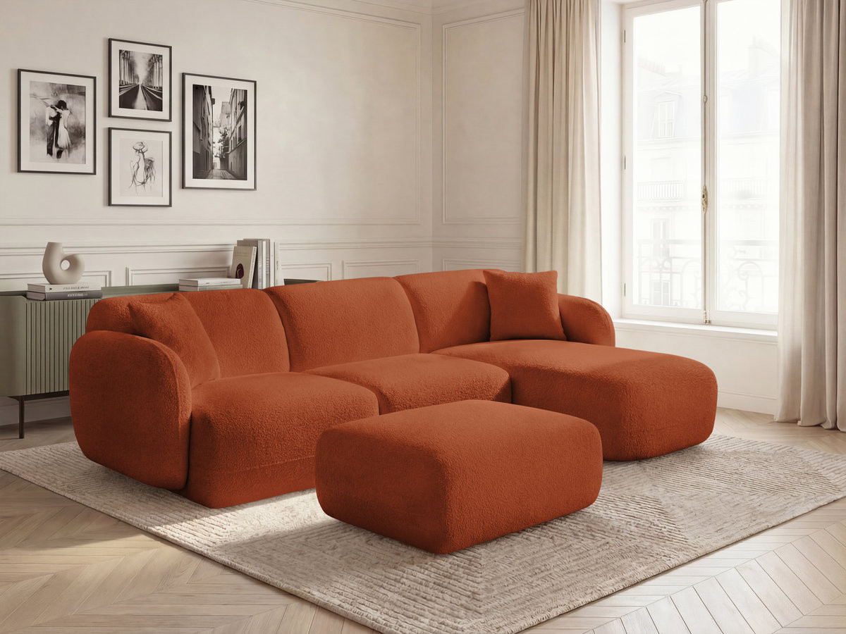 Canapé d'angle fixe modulable ANDA tissu chenille avec pouf orange angle droit BOBOCHIC 3 places