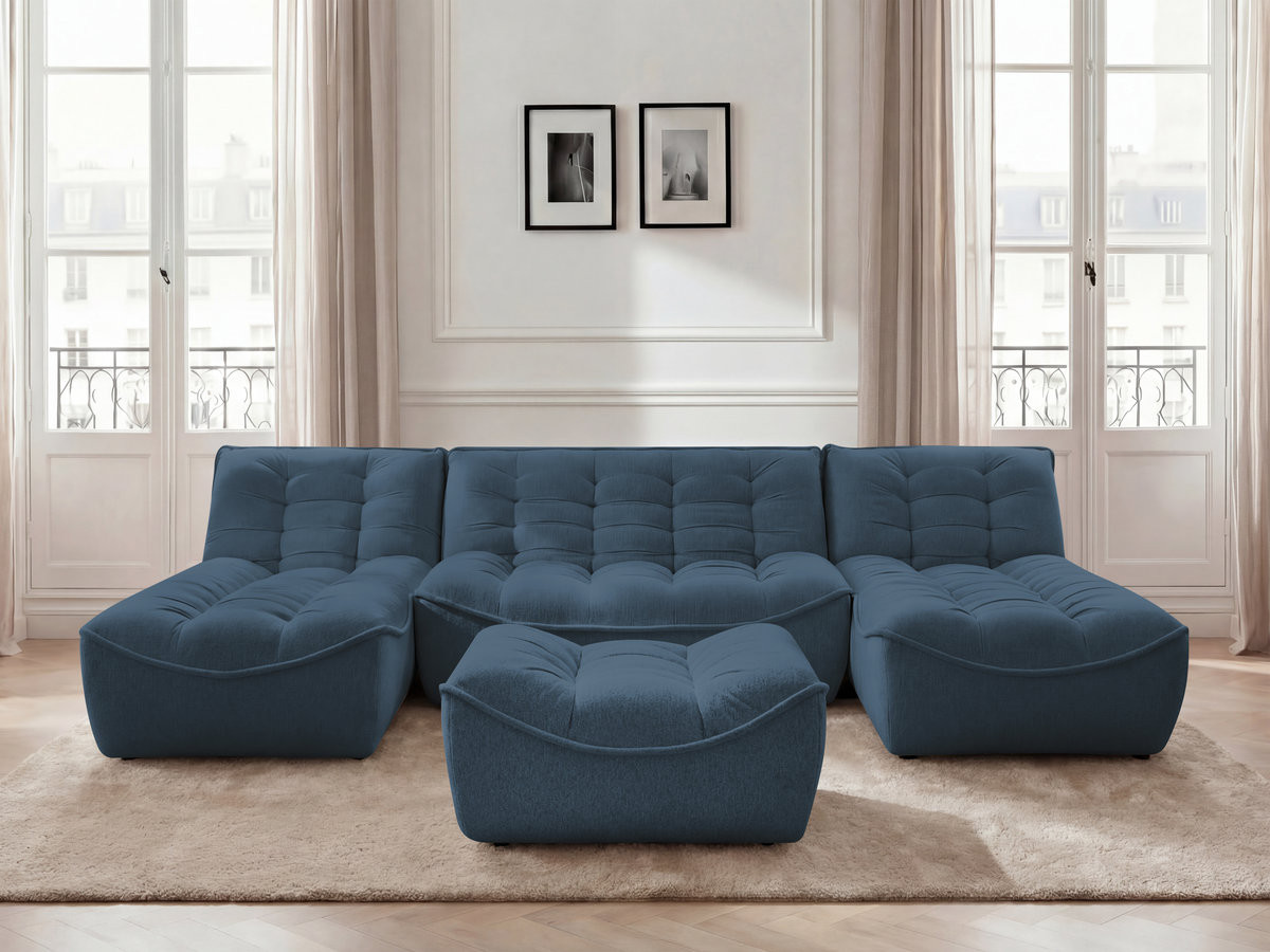 Canapé panoramique modulable SERENA chiné avec pouf bleu — vue 4