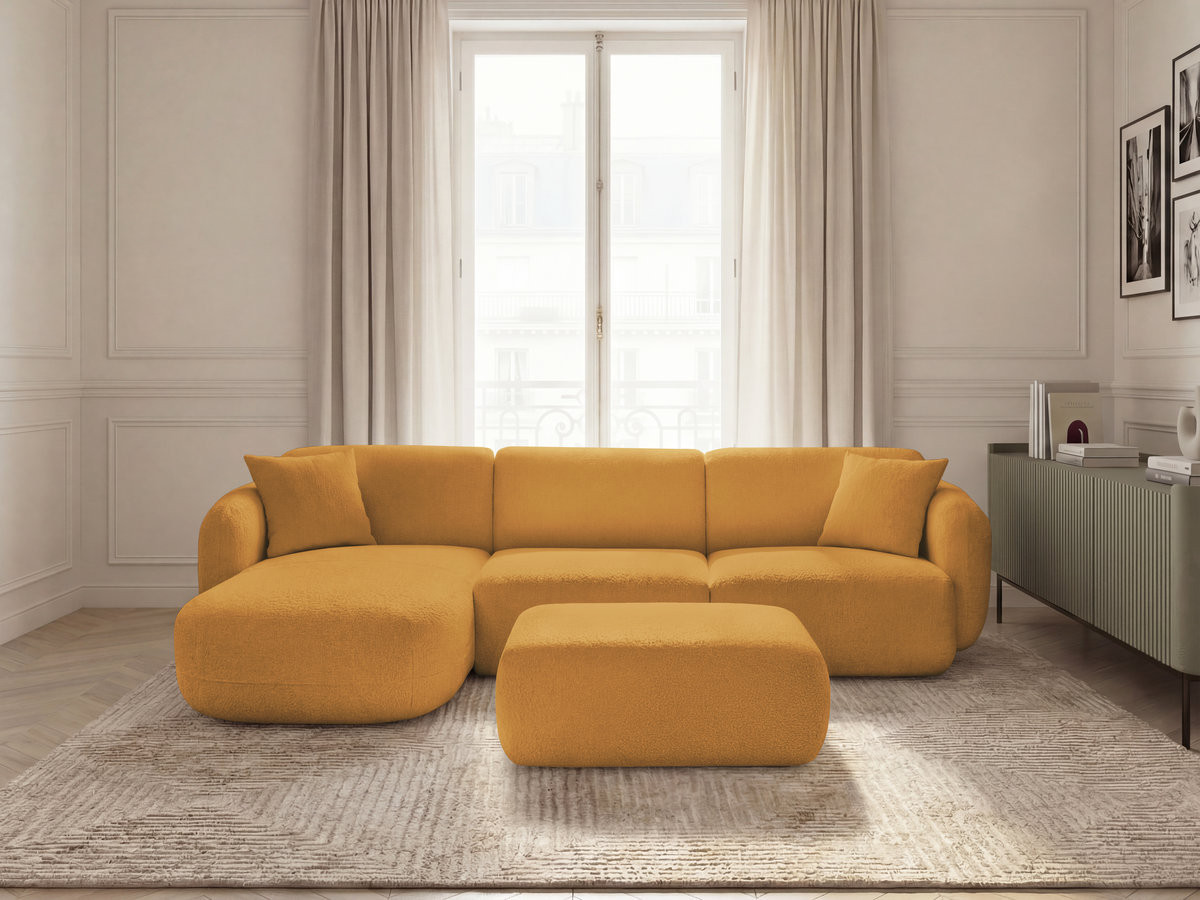 Canapé d'angle fixe modulable ANDA tissu chenille avec pouf