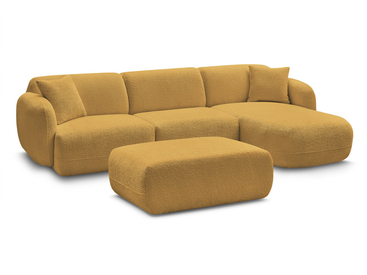 canapé d'angle fixe modulable anda tissu chenille avec pouf de couleur jaune