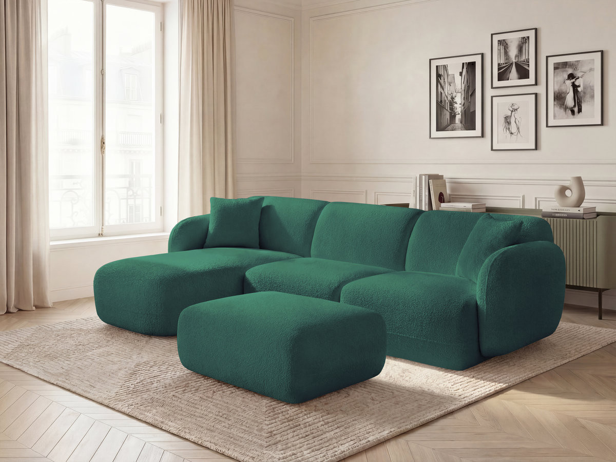 Canapé d'angle modulable ANDA chenille avec pouf vert foncé