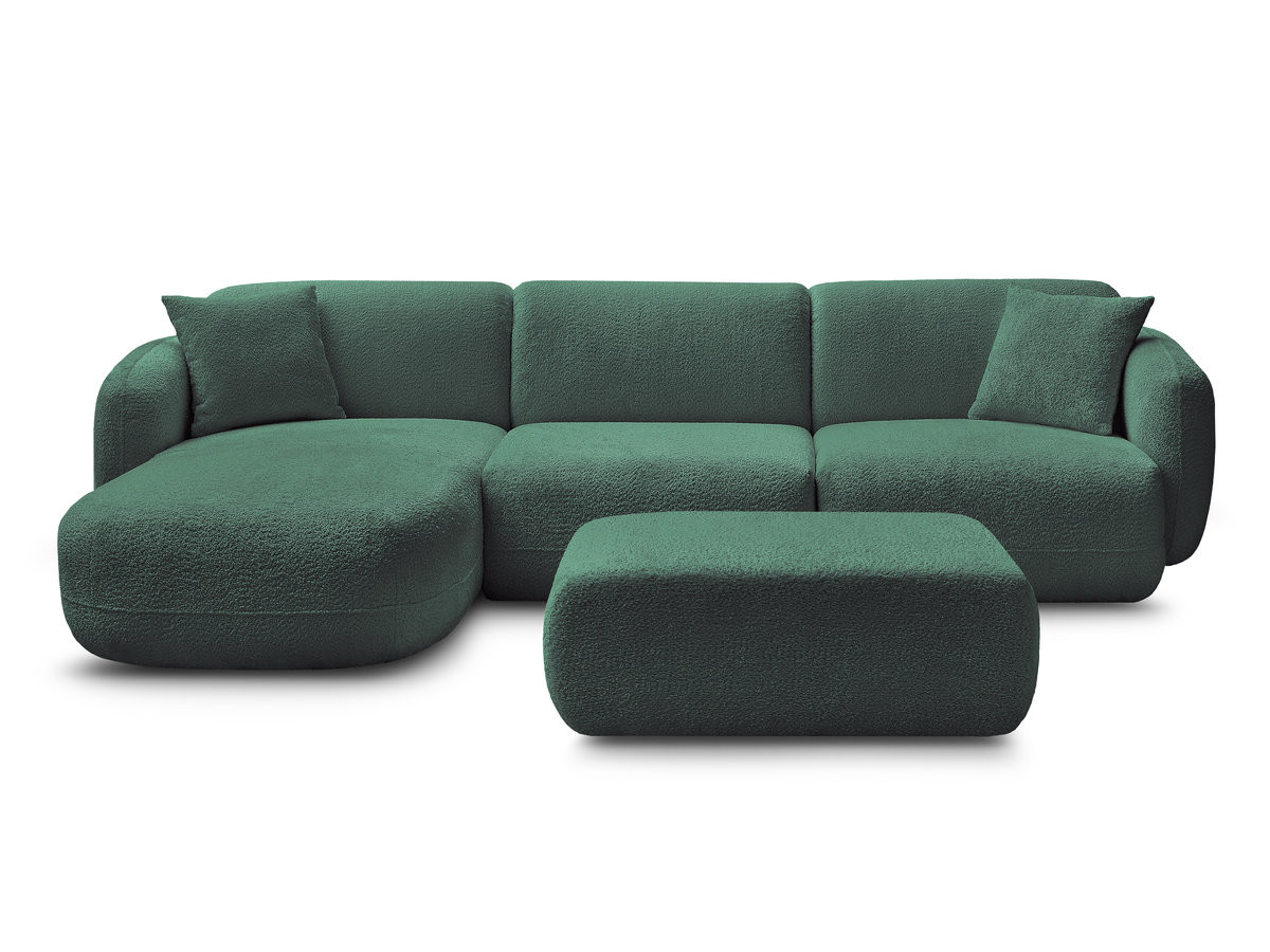 ANDA modulaire hoekbank met vaste zitting, bekleed met chenillestof en inclusief voetenbank.