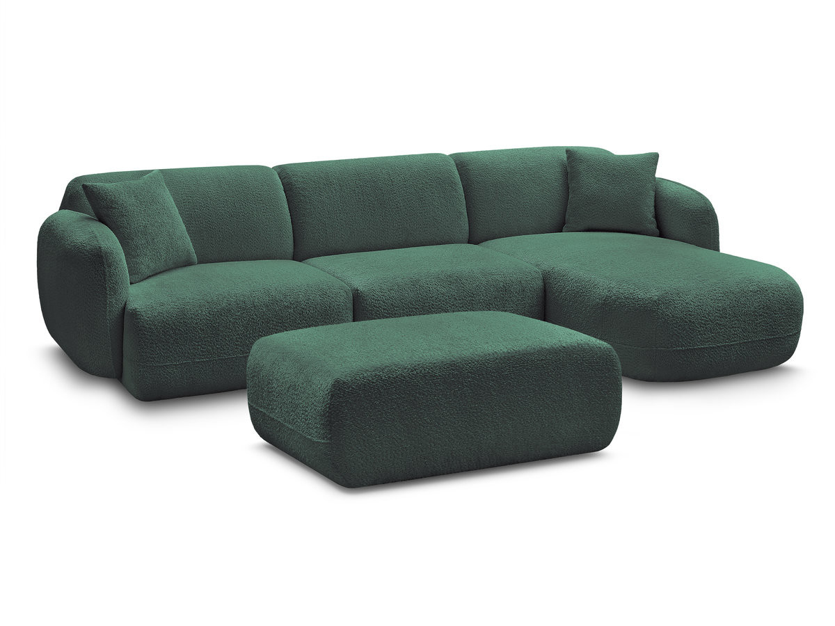 canapé d'angle fixe modulable anda tissu chenille avec pouf de couleur vert foncé