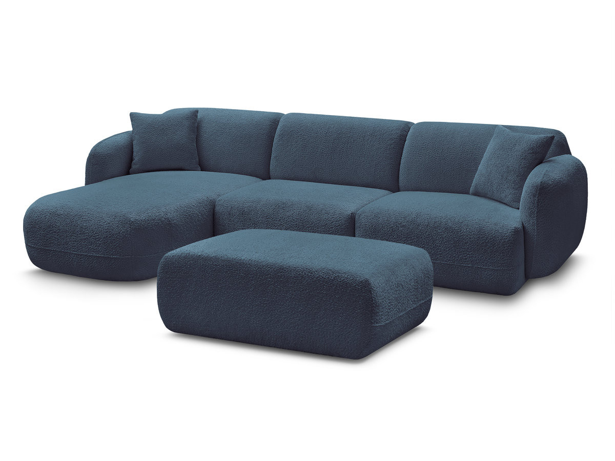 canapé d'angle fixe modulable anda tissu chenille avec pouf de couleur bleu clair