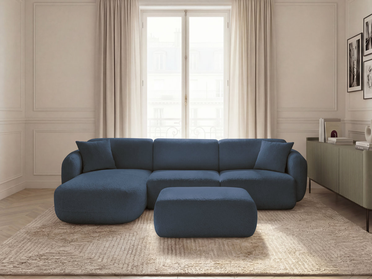 ANDA modulaire hoekbank met vaste zitting, bekleed met chenillestof en inclusief voetenbank.