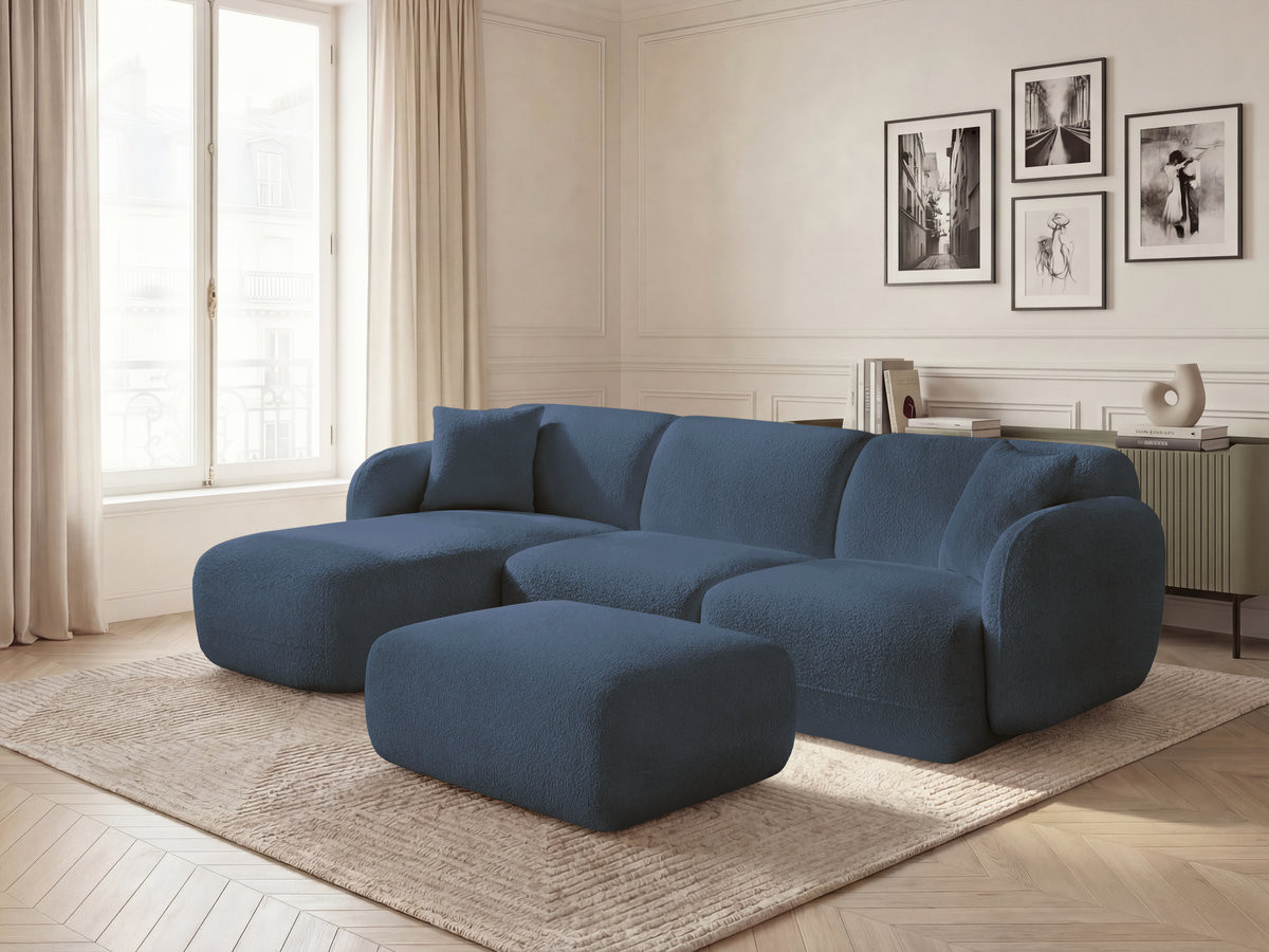 Canapé d'angle modulable ANDA chenille avec pouf bleu foncé