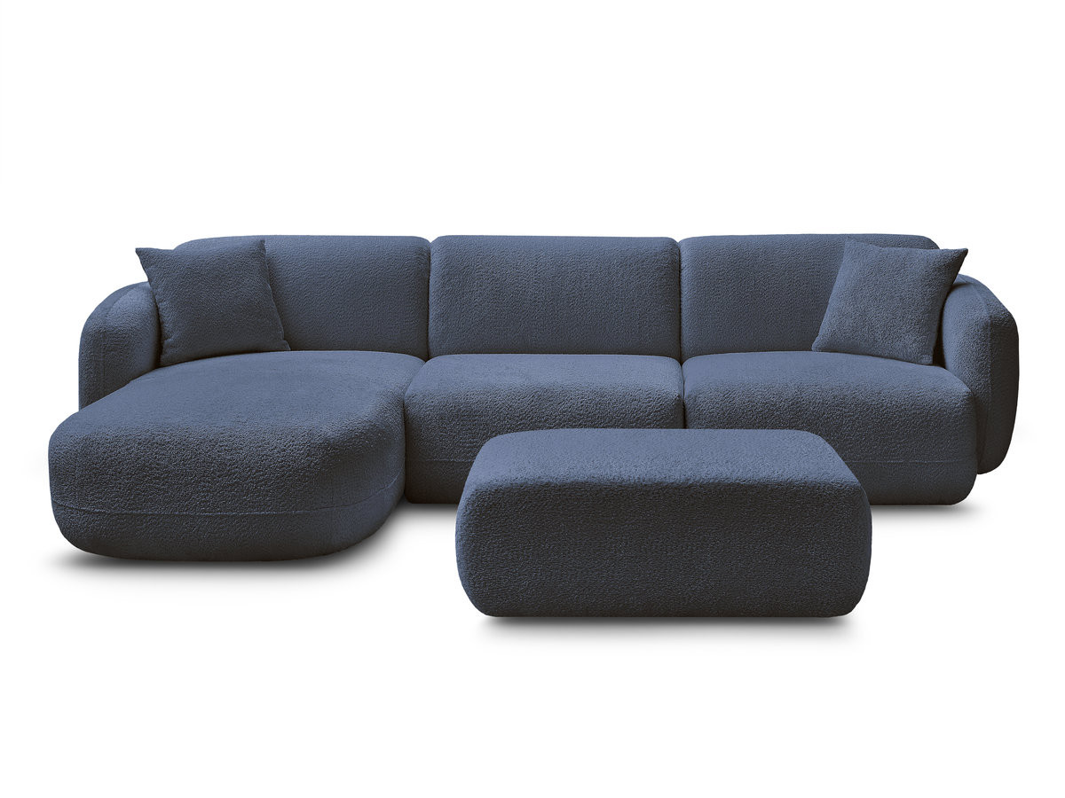 ANDA modulaire hoekbank met vaste zitting, bekleed met chenillestof en inclusief voetenbank.