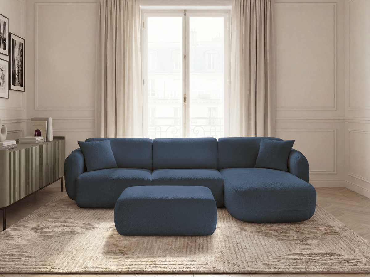 ANDA modulaire hoekbank met vaste zitting, bekleed met chenillestof en inclusief voetenbank.