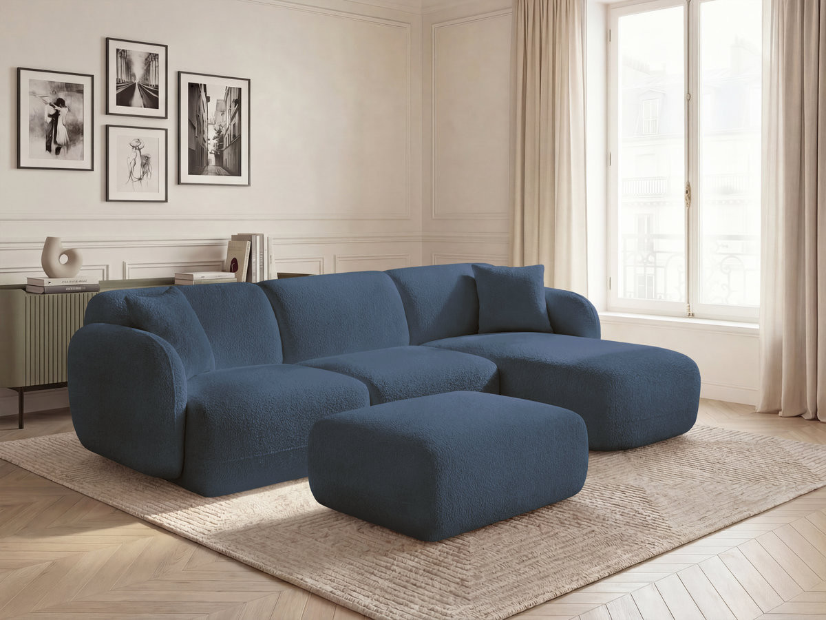 Canapé d'angle fixe modulable ANDA tissu chenille avec pouf bleu foncé angle droit BOBOCHIC 3 places