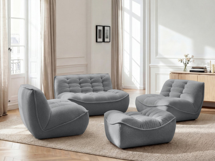 Canapé droit fixe modulable SERENA avec 2 chauffeuses 1 place et 1 chauffeuse 2 places tissu chiné avec pouf