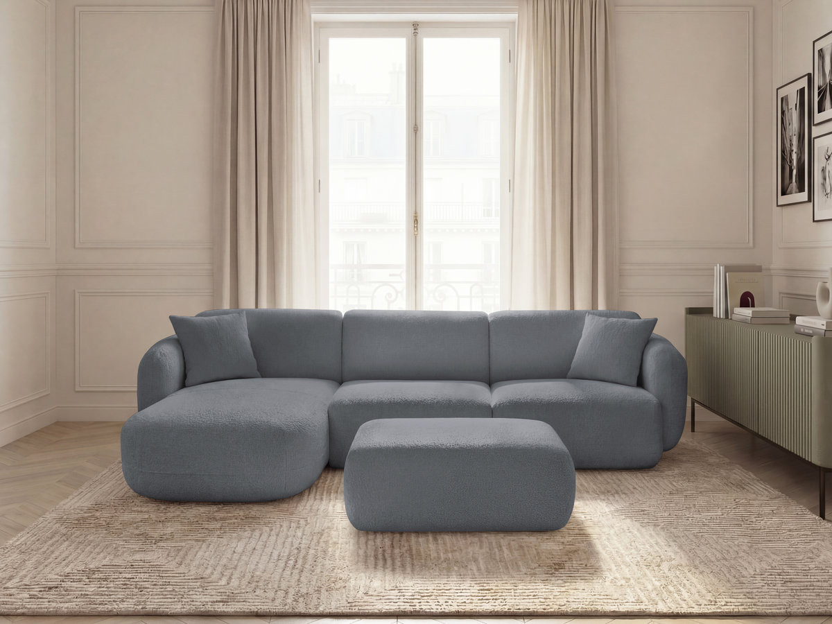 Canapé d'angle fixe modulable ANDA tissu chenille avec pouf
