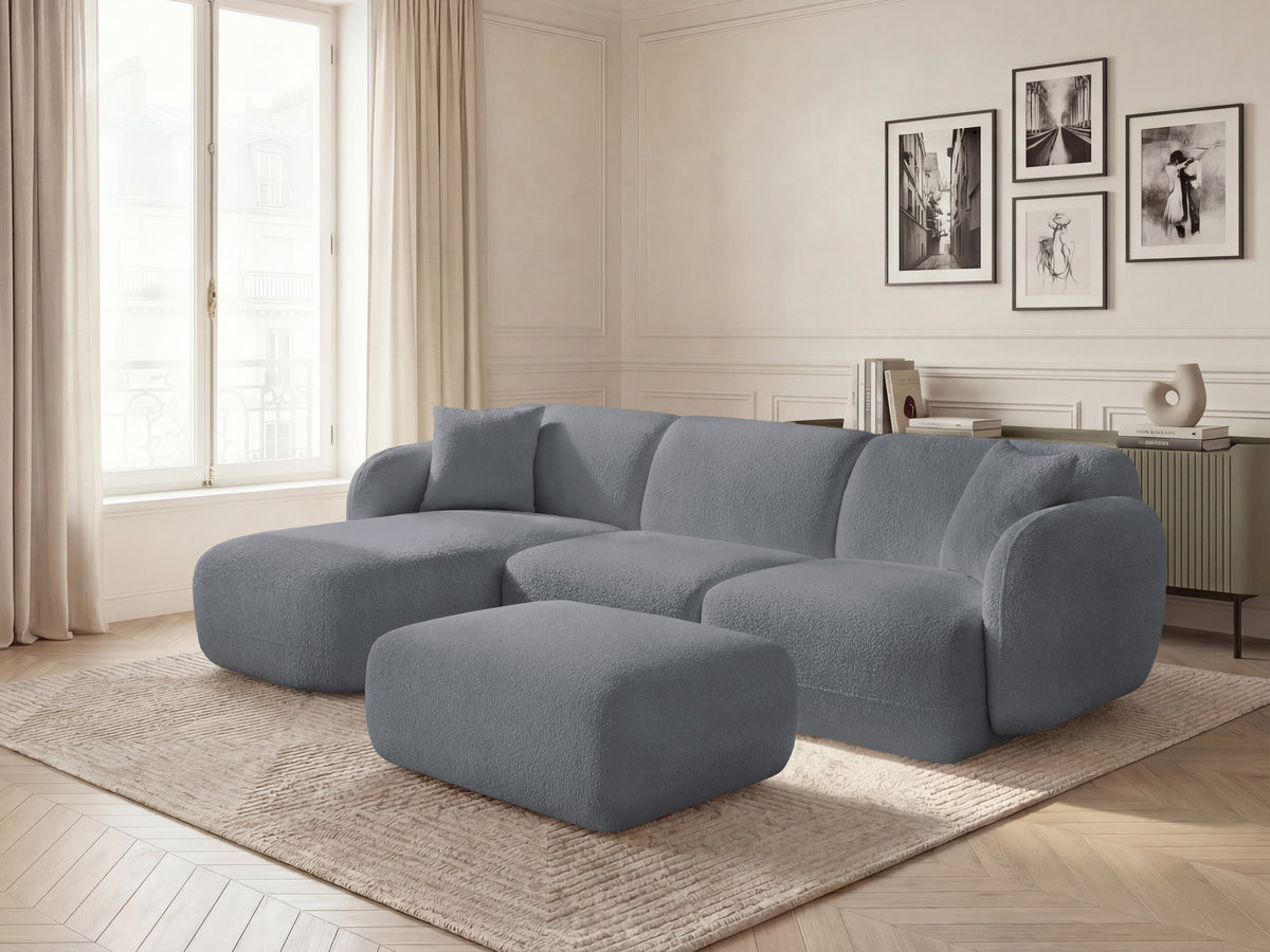 Canapé d'angle fixe modulable ANDA tissu chenille avec pouf