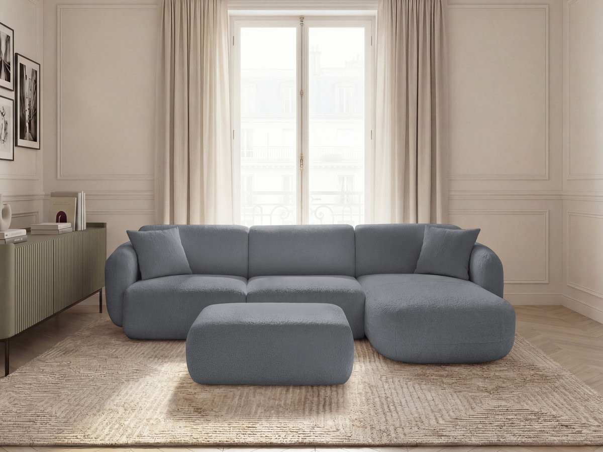 Canapé d'angle fixe modulable ANDA tissu chenille avec pouf