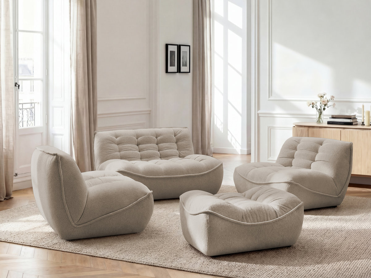 Modulaire vaste bank SERENA met twee 1-zits fauteuils en een 2-zits fauteuil in gemęleerde stof met voetenbank