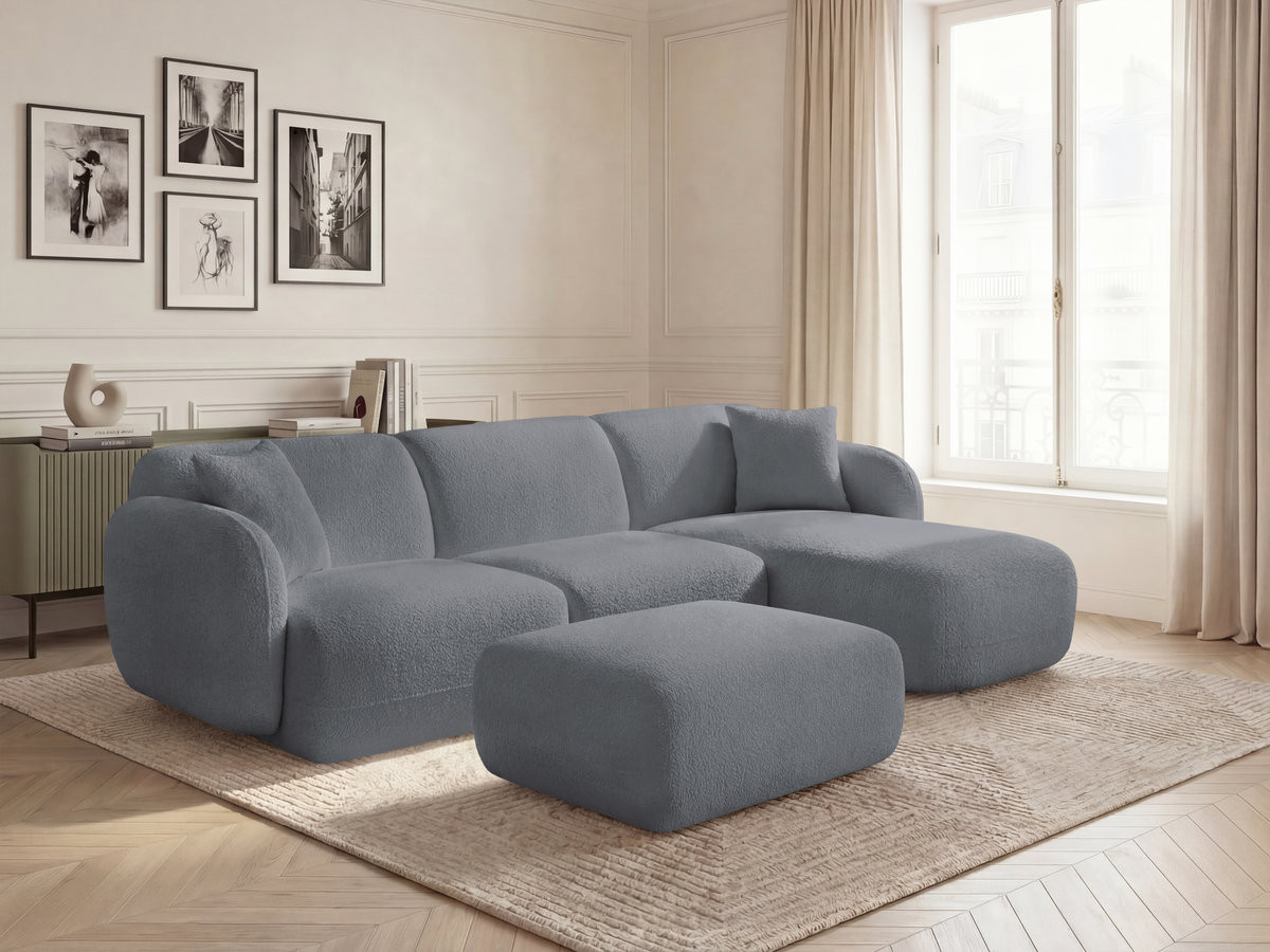 Canapé d'angle fixe modulable ANDA tissu chenille avec pouf