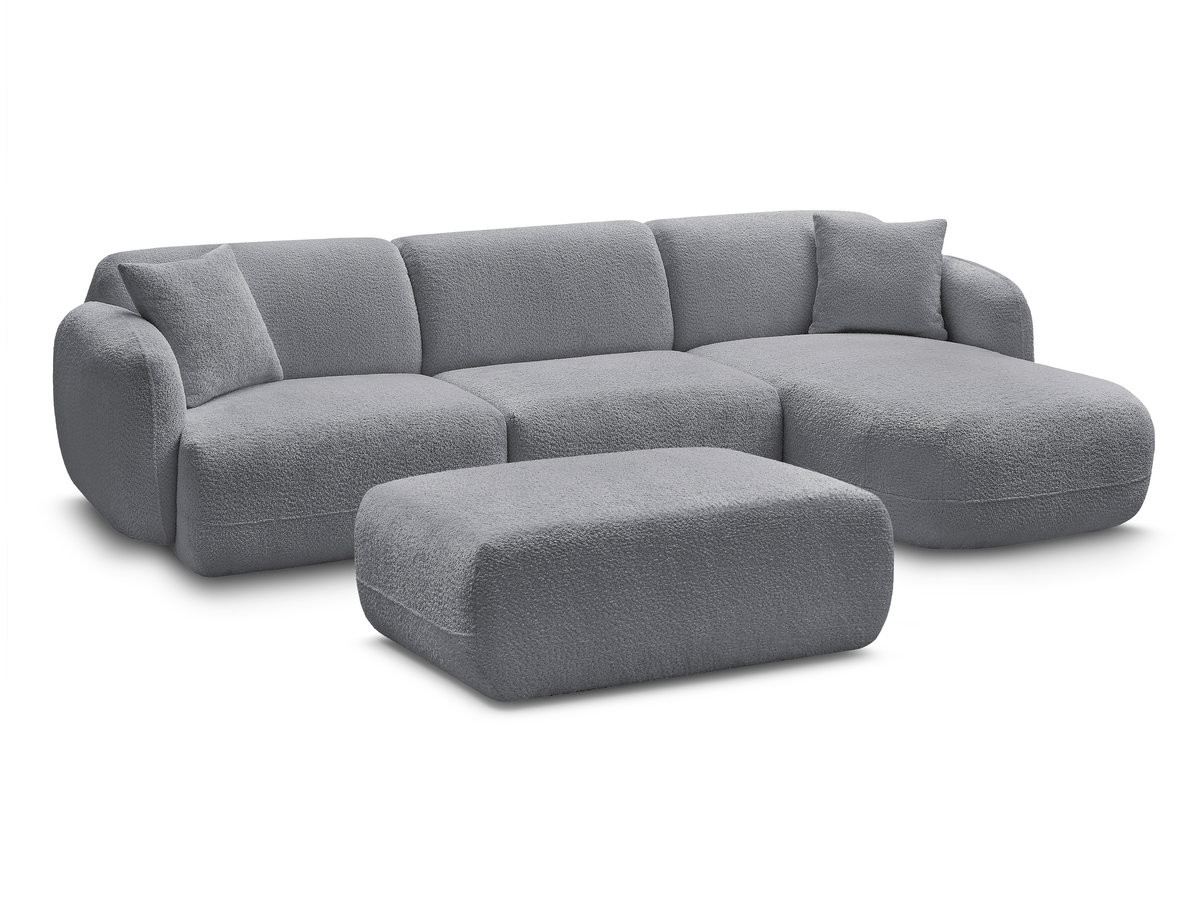 canapé d'angle fixe modulable anda tissu chenille avec pouf de couleur gris