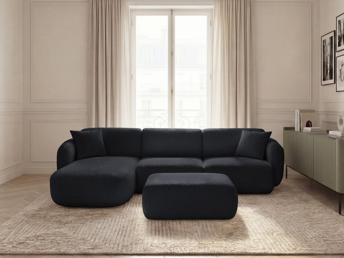 ANDA modulaire hoekbank met vaste zitting, bekleed met chenillestof en inclusief voetenbank.