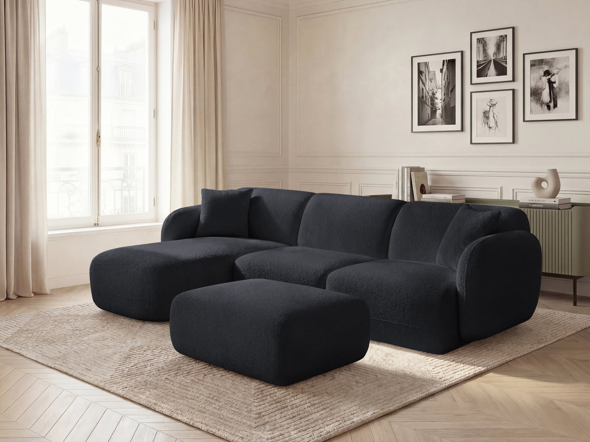 Canapé d'angle modulable ANDA chenille avec pouf noir