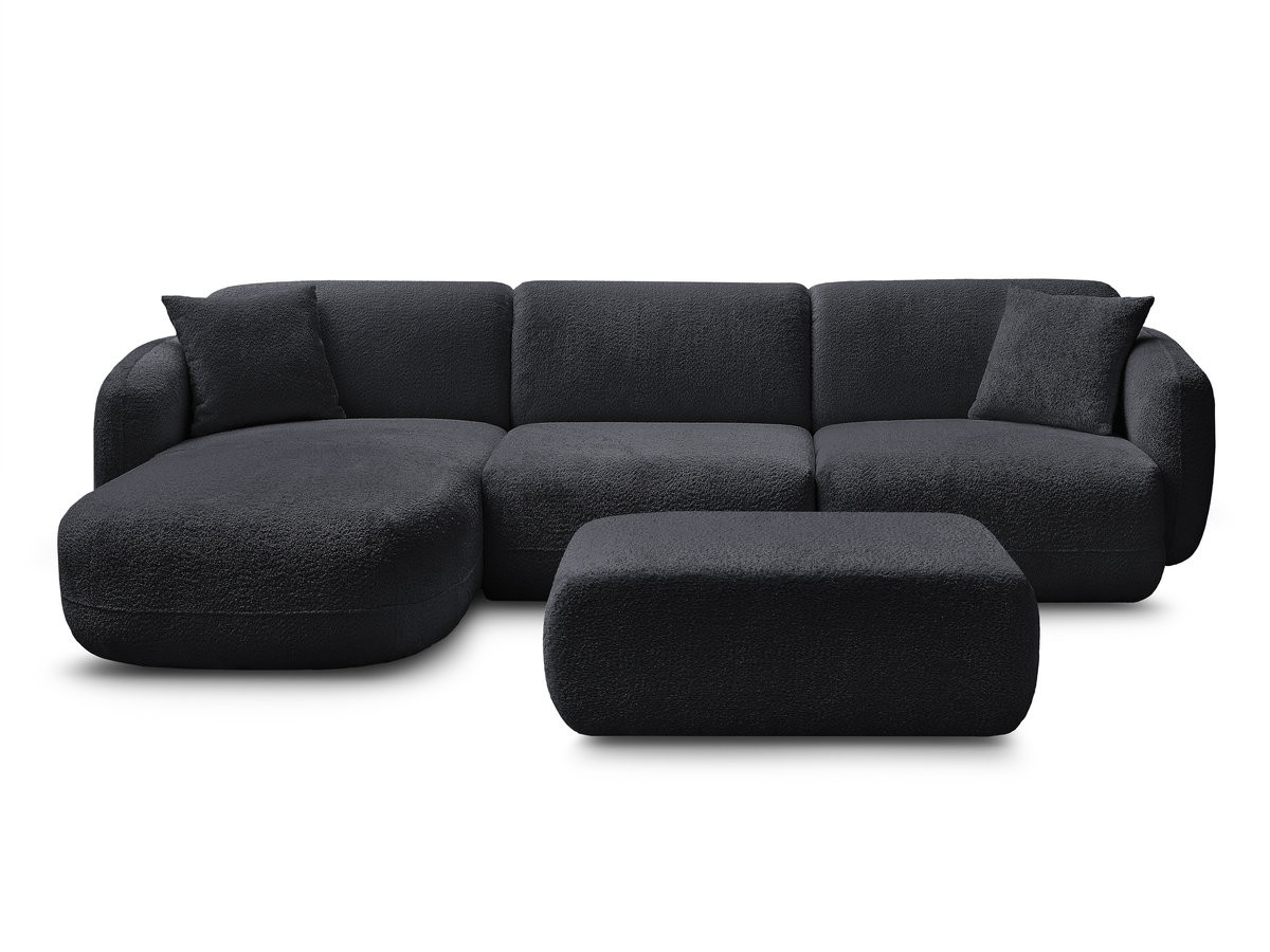 ANDA modulaire hoekbank met vaste zitting, bekleed met chenillestof en inclusief voetenbank.