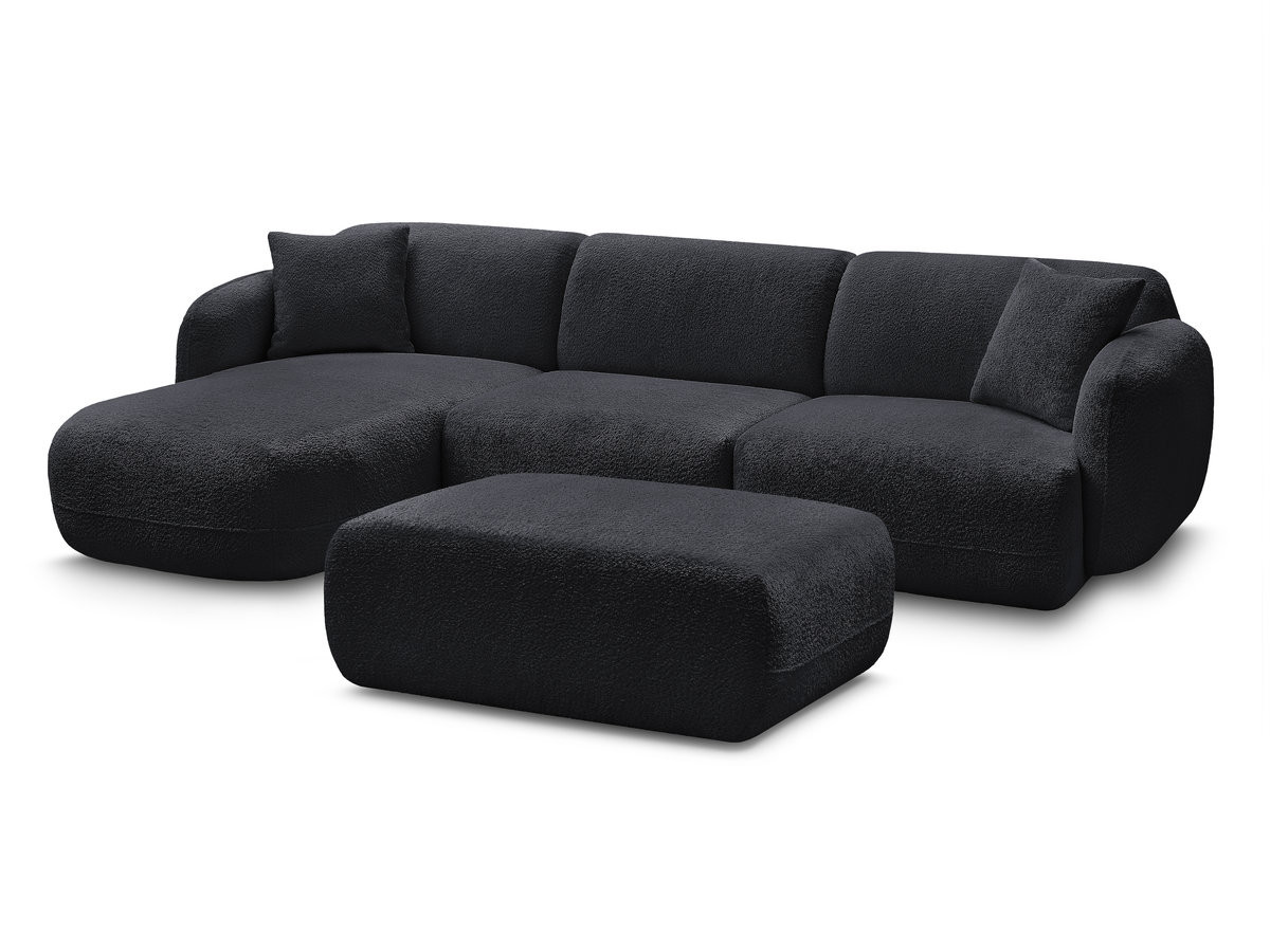 canapé d'angle fixe modulable anda tissu chenille avec pouf de couleur noir