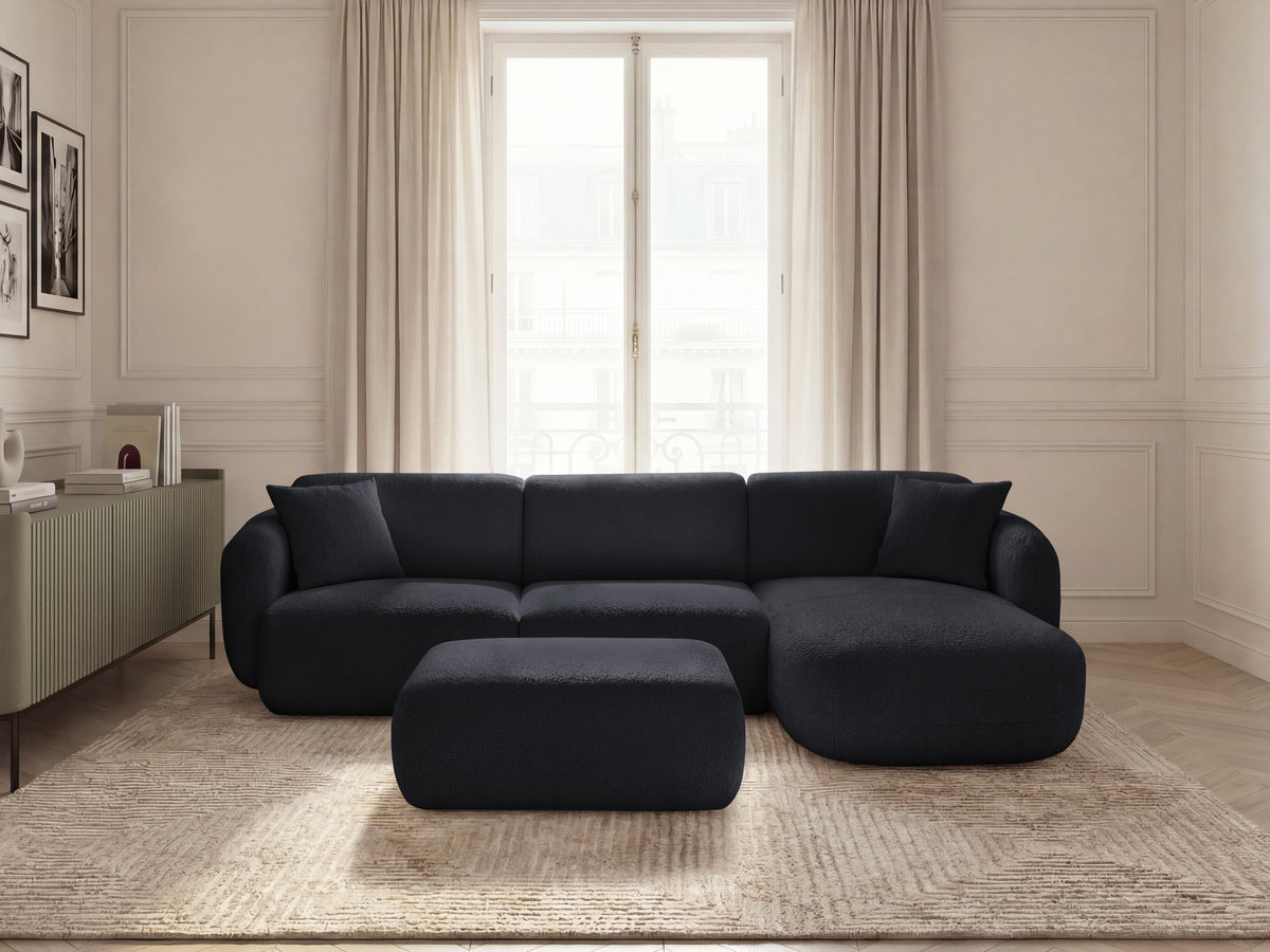 ANDA modulaire hoekbank met vaste zitting, bekleed met chenillestof en inclusief voetenbank.