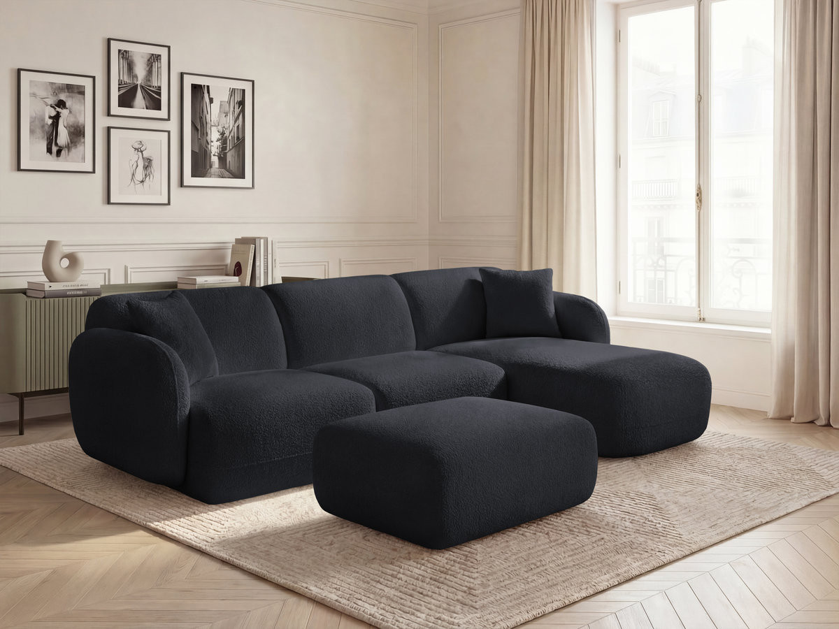 ANDA modulaire hoekbank met vaste zitting, bekleed met chenillestof en inclusief voetenbank.