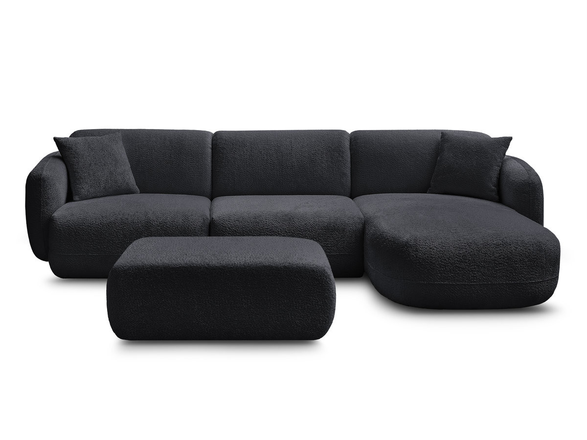 ANDA modulaire hoekbank met vaste zitting, bekleed met chenillestof en inclusief voetenbank.