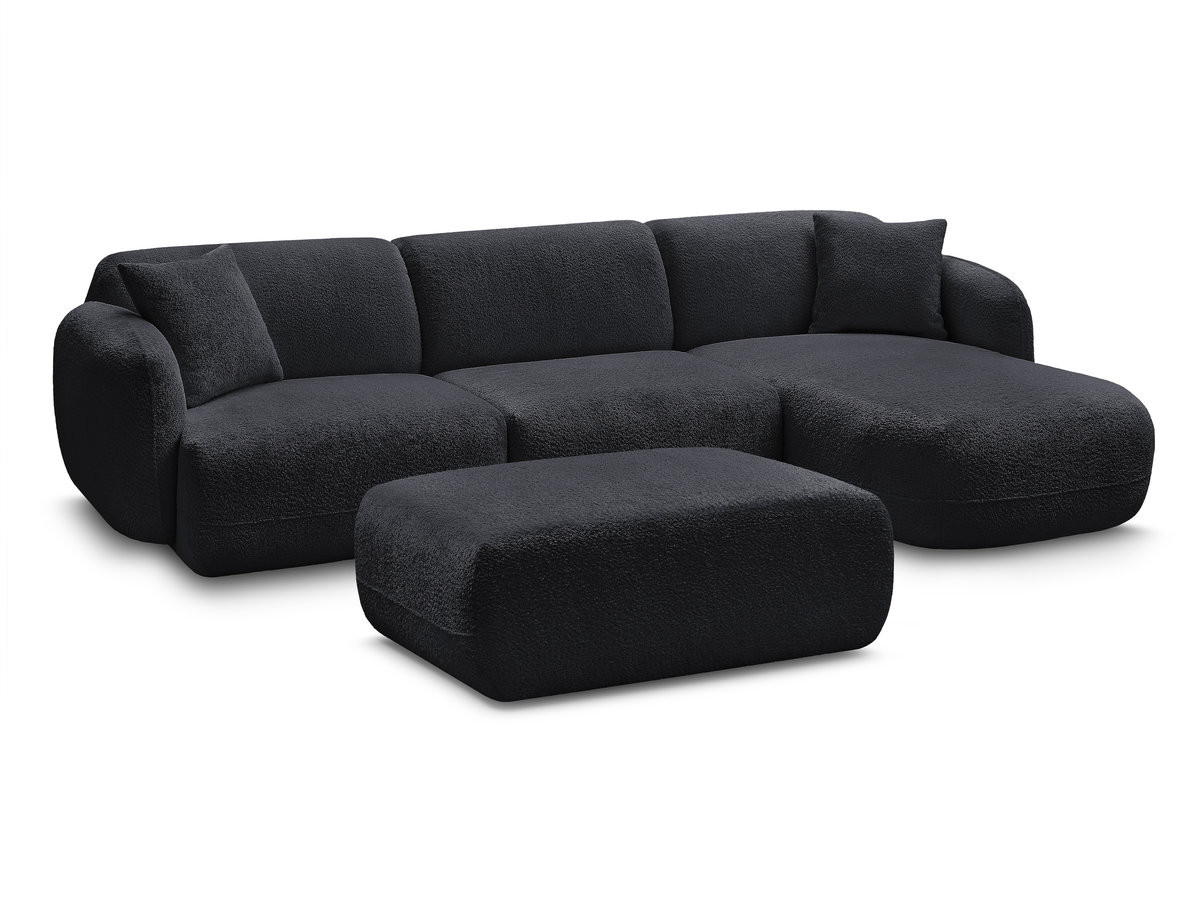 ANDA modulaire hoekbank met vaste zitting, bekleed met chenillestof en inclusief voetenbank.