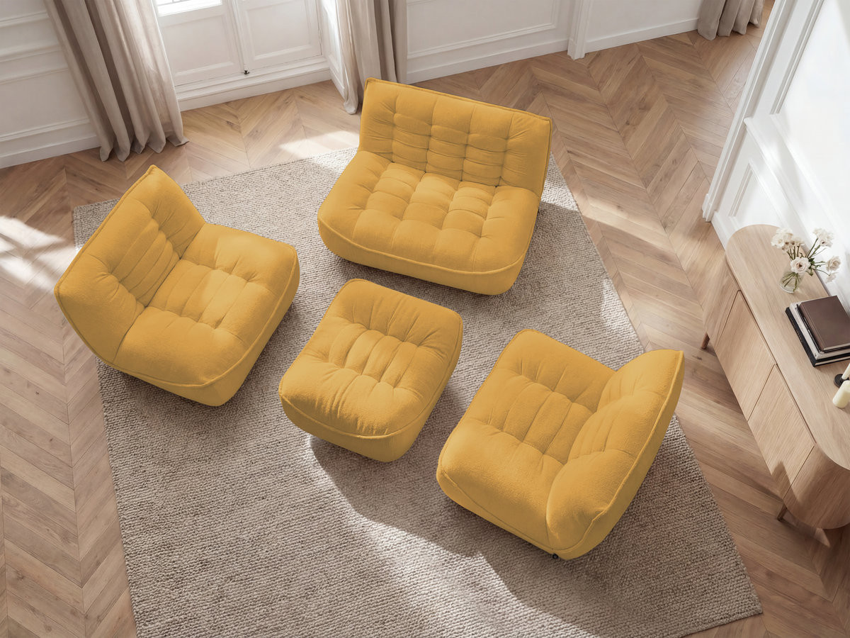 Modulaire vaste bank SERENA met twee 1-zits fauteuils en een 2-zits fauteuil in gemęleerde stof met voetenbank
