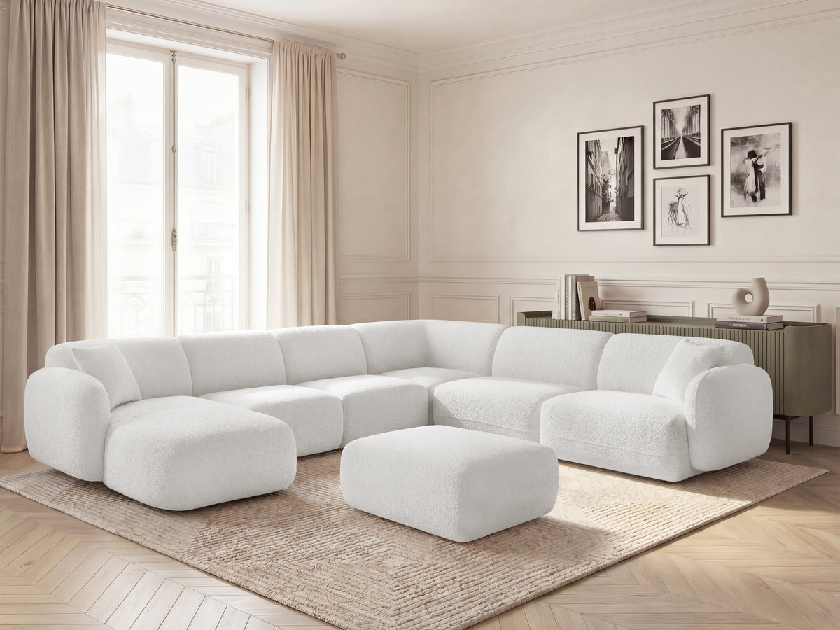 Canapé panoramique fixe modulable ANDA avec 4 chauffeuses, 1 méridienne, 1 angle et 1 pouf blanc  angle droit BOBOCHIC 6 places