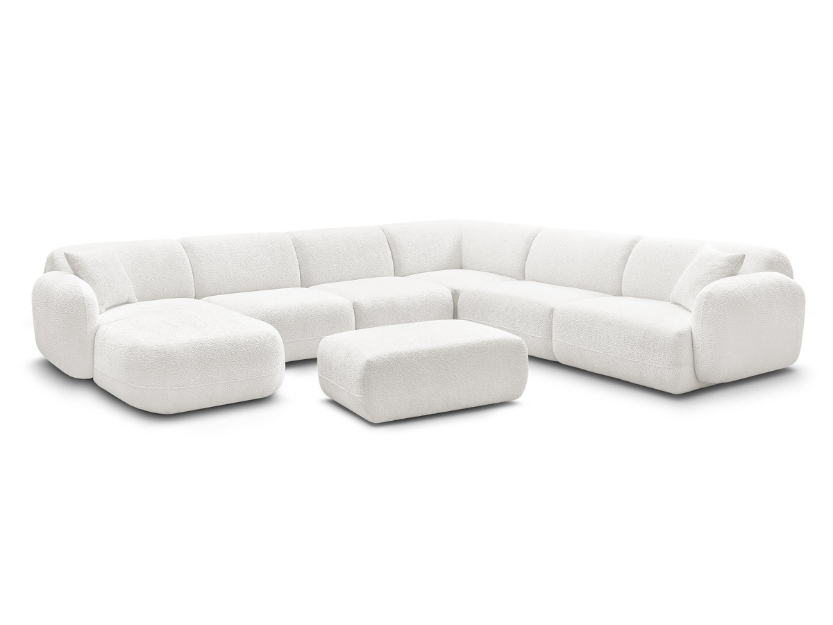 canapé panoramique fixe modulable anda avec 4 chauffeuses, 1 méridienne, 1 angle et 1 pouf de couleur blanc