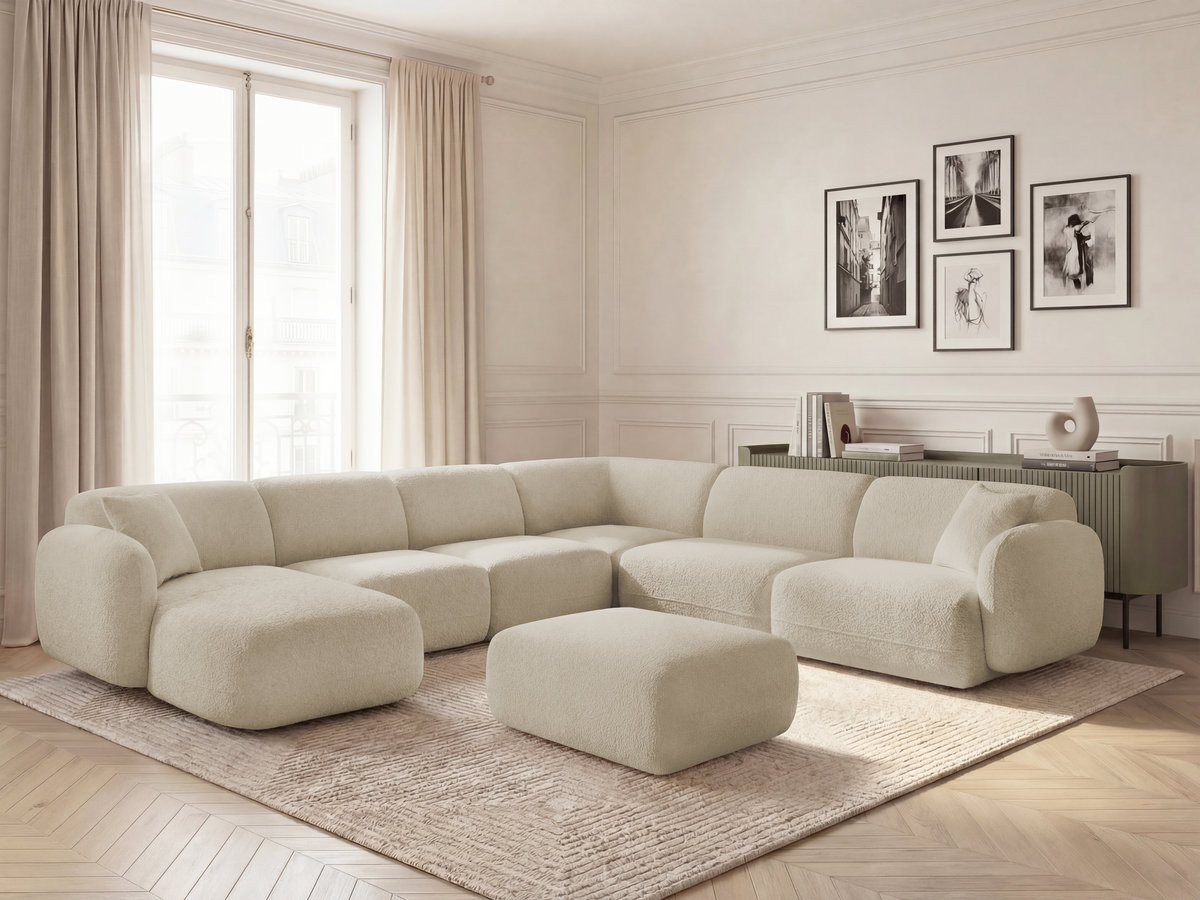 Canapé panoramique fixe modulable ANDA avec 4 chauffeuses, 1 méridienne, 1 angle et 1 pouf beige  angle droit BOBOCHIC 6 places
