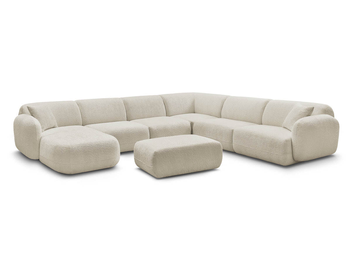 canapé panoramique fixe modulable anda avec 4 chauffeuses, 1 méridienne, 1 angle et 1 pouf de couleur beige